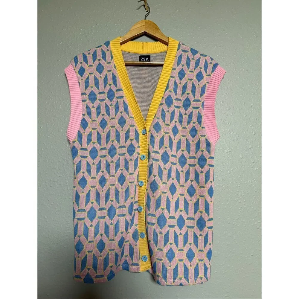 Zara Colorful Geometric Knit Button Sweater Vest Women Small